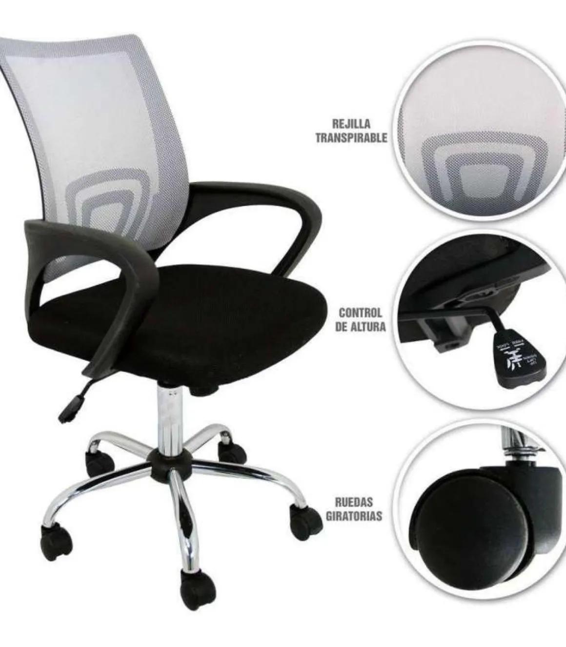 Silla despacho giratoria Martina tapizada en tejido transpirable gris/negro. Alto: 88-98, Ancho: 57, Fondo: 53.5.