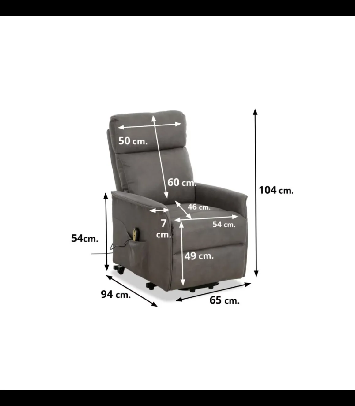 Sillón relax levantapersonas eléctrico Stylo tapizado en tela gris, 102cm(alto) 65cm(ancho) 94cm(fondo)