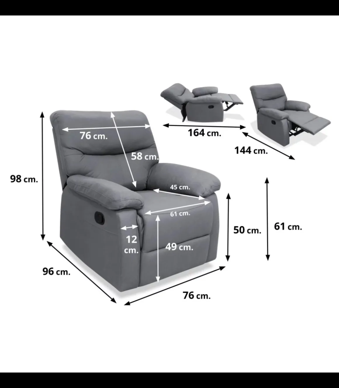 Sillón relax manual Dexter tapizado gris, 93cm(Ancho) 96cm (Fondo) 98cm(Alto)
