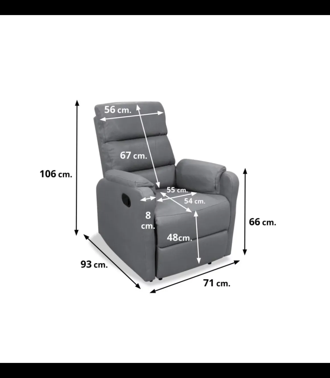 Sillón relax manual Eva tapizado gris, 71cm(Ancho) 93cm (Fondo) 106cm(Alto)