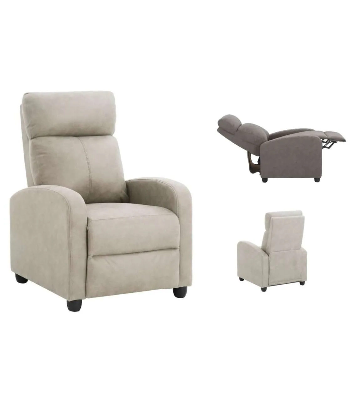 Sillón relax manual Martinica tapizado en tela beige. 100cm(alto) 67cm(ancho) 84cm(fondo)