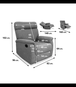 Sillón relax manual Texas tapizado gris, 82cm(Ancho) 96cm(Fondo) 102cm(Alto)
