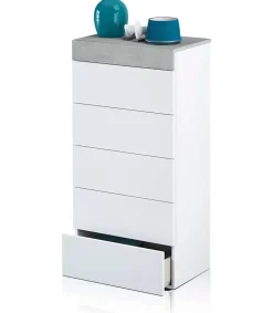 Sinfonier 5 cajones Modelo Tempo en blanco artik/cemento. 118cm(alto) 61cm(ancho) 40cm(fondo)