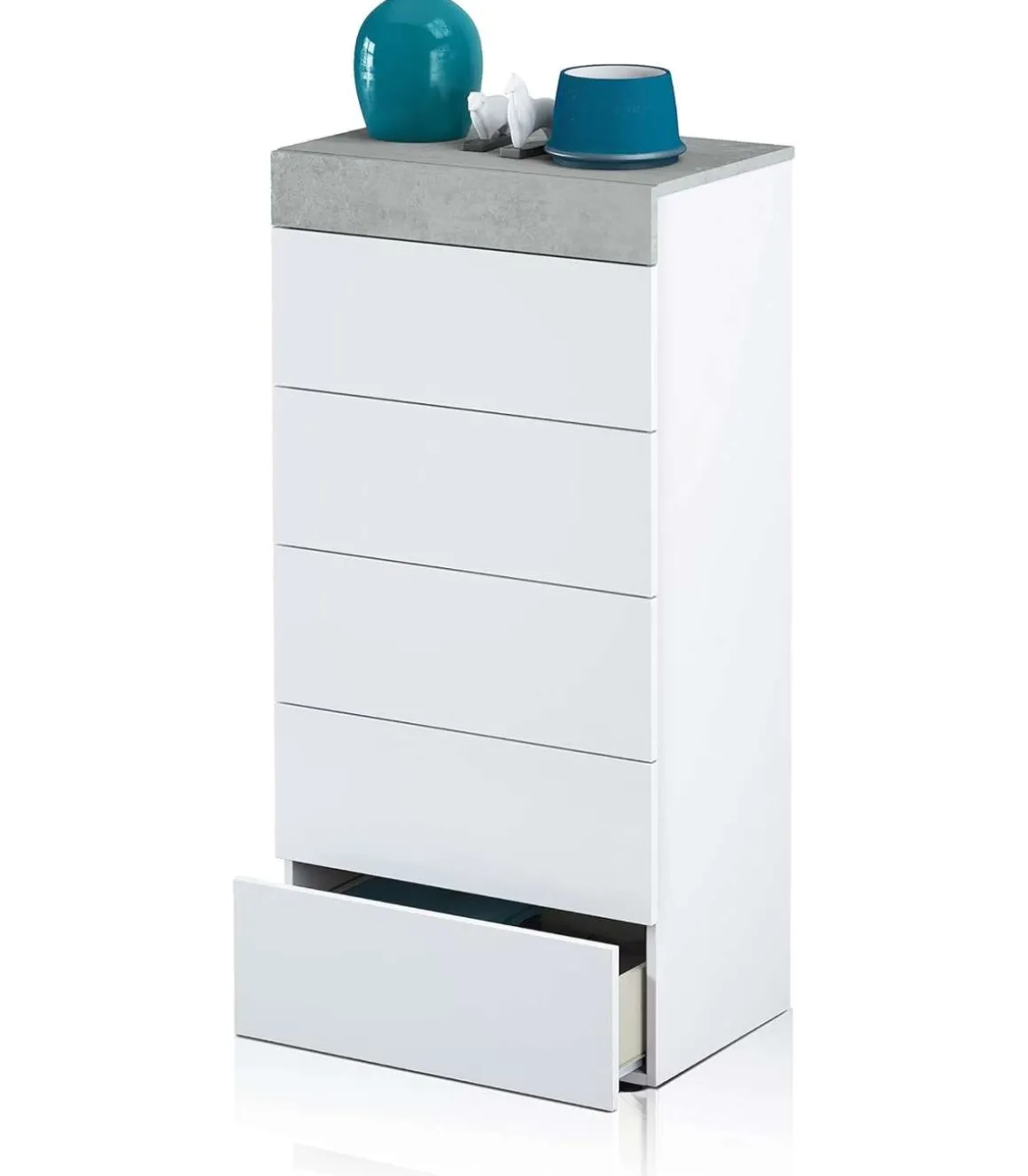 Sinfonier 5 cajones Modelo Tempo en blanco artik/cemento. 118cm(alto) 61cm(ancho) 40cm(fondo)