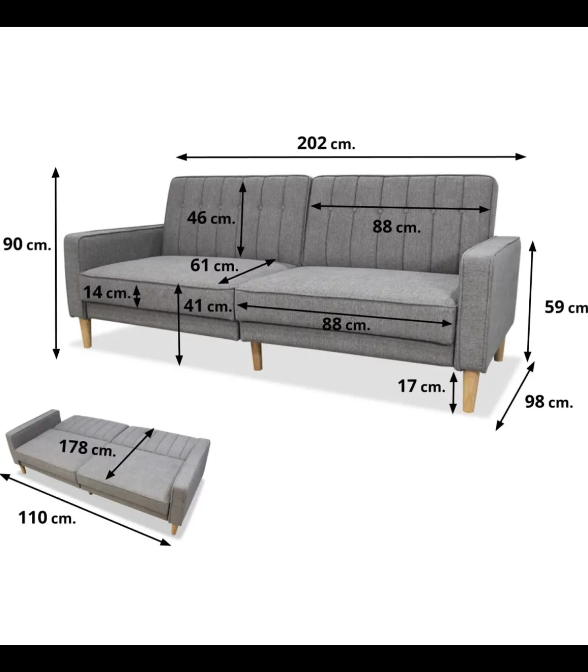 Sofá cama clic clac modelo Neo Nordic tapizado gris oscuro, 220cm(ancho) 90cm(altura) 98cm(fondo).
