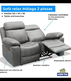 Sofá dos plazas relax con palanca Málaga tapizado textil gris, 155cm(Ancho) 90cm(Fondo) 101cm(Alto)