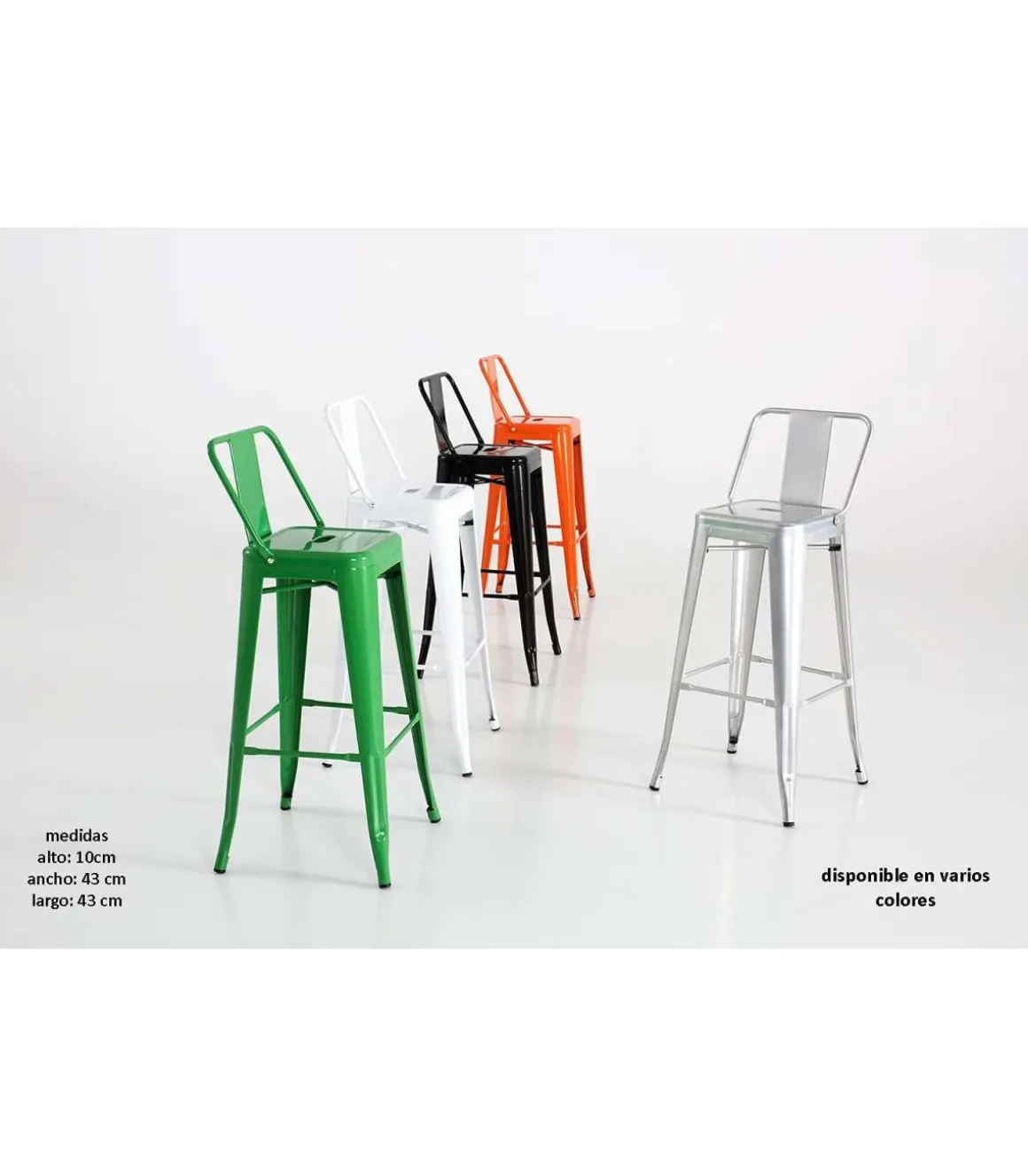 Taburete de metal con respaldo acabado plata, 100 cm(alto)43 cm(ancho)43 cm(largo)