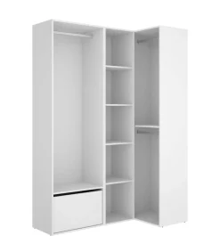 Vestidor de rincón Reus con estantes, zapatero y trasera reversible en blanco/natural, 205cm(alto) 144.5cm(ancho) 84.5cm(fondo)