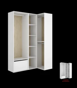 Vestidor de rincón Reus con estantes, zapatero y trasera reversible en blanco/natural, 205cm(alto) 144.5cm(ancho) 84.5cm(fondo)