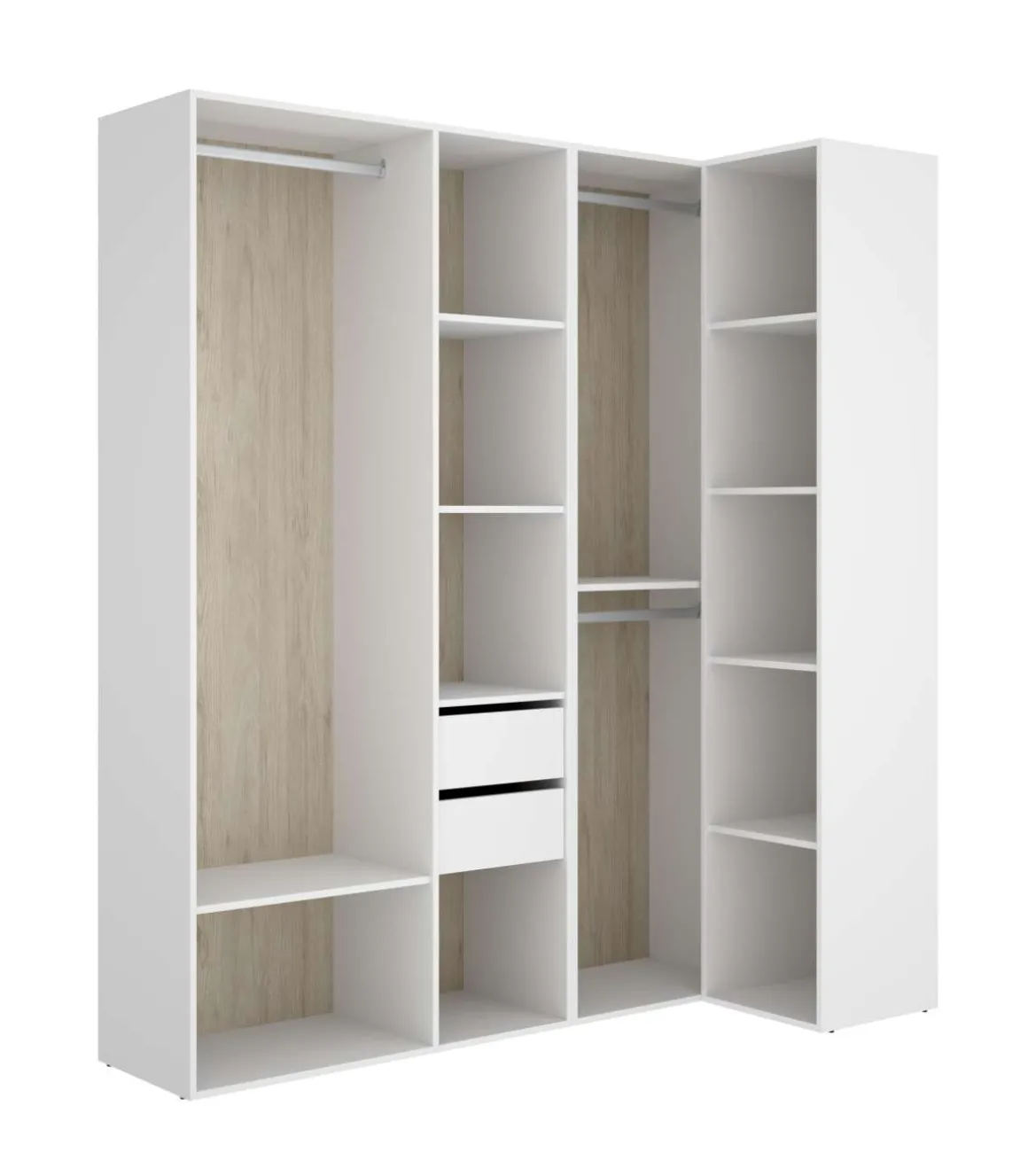 Vestidor de rincón Reus con estantes, 2 cajones y trasera reversible en blanco/natural, 205cm(alto) 182.5cm(ancho) 79.5cm(fondo)
