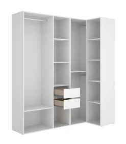 Vestidor de rincón Reus con estantes, 2 cajones y trasera reversible en blanco/natural, 205cm(alto) 182.5cm(ancho) 79.5cm(fondo)