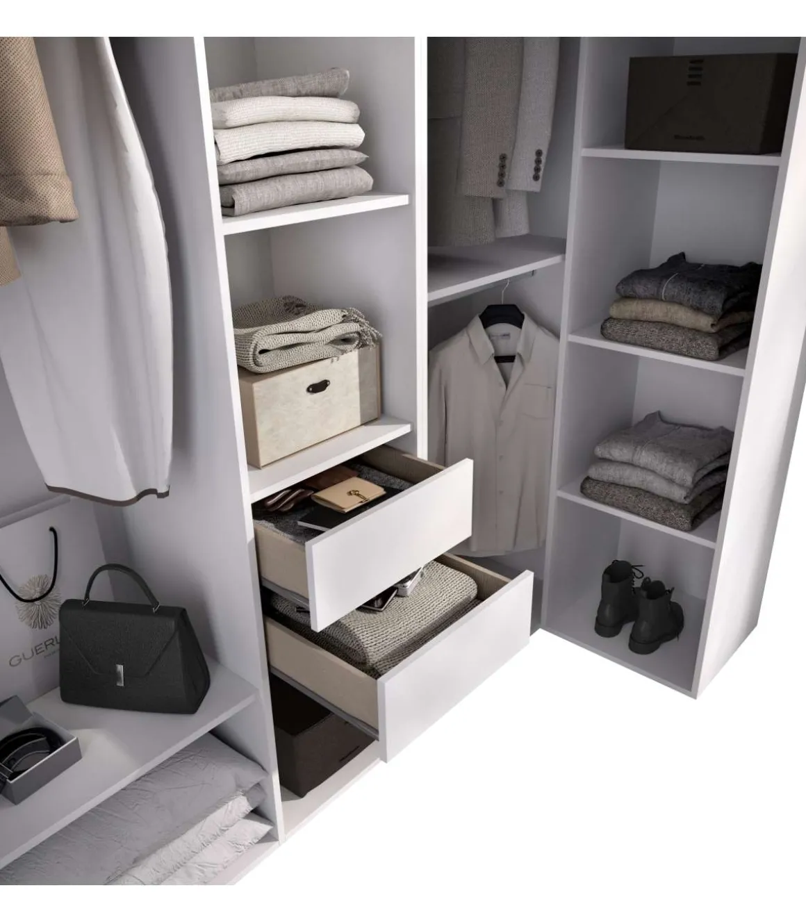 Vestidor de rincón Reus con estantes, 2 cajones y trasera reversible en blanco/natural, 205cm(alto) 182.5cm(ancho) 79.5cm(fondo)