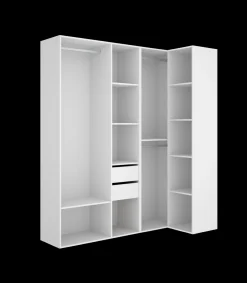 Vestidor de rincón Reus con estantes, 2 cajones y trasera reversible en blanco/natural, 205cm(alto) 182.5cm(ancho) 79.5cm(fondo)