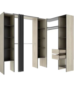 Vestidor de rincón Siles con cortina y cajones acabado natural/grafito, 205cm(alto) 234cm(ancho) 141cm(fondo)