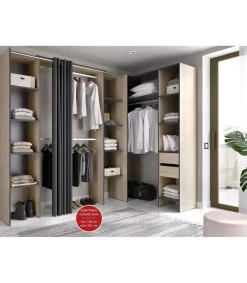 Vestidor de rincón Siles con cortina y cajones acabado natural/grafito, 205cm(alto) 234cm(ancho) 141cm(fondo)