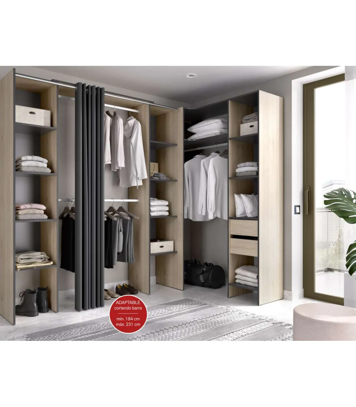 Vestidor de rincón Siles con cortina y cajones acabado natural/grafito, 205cm(alto) 234cm(ancho) 141cm(fondo)