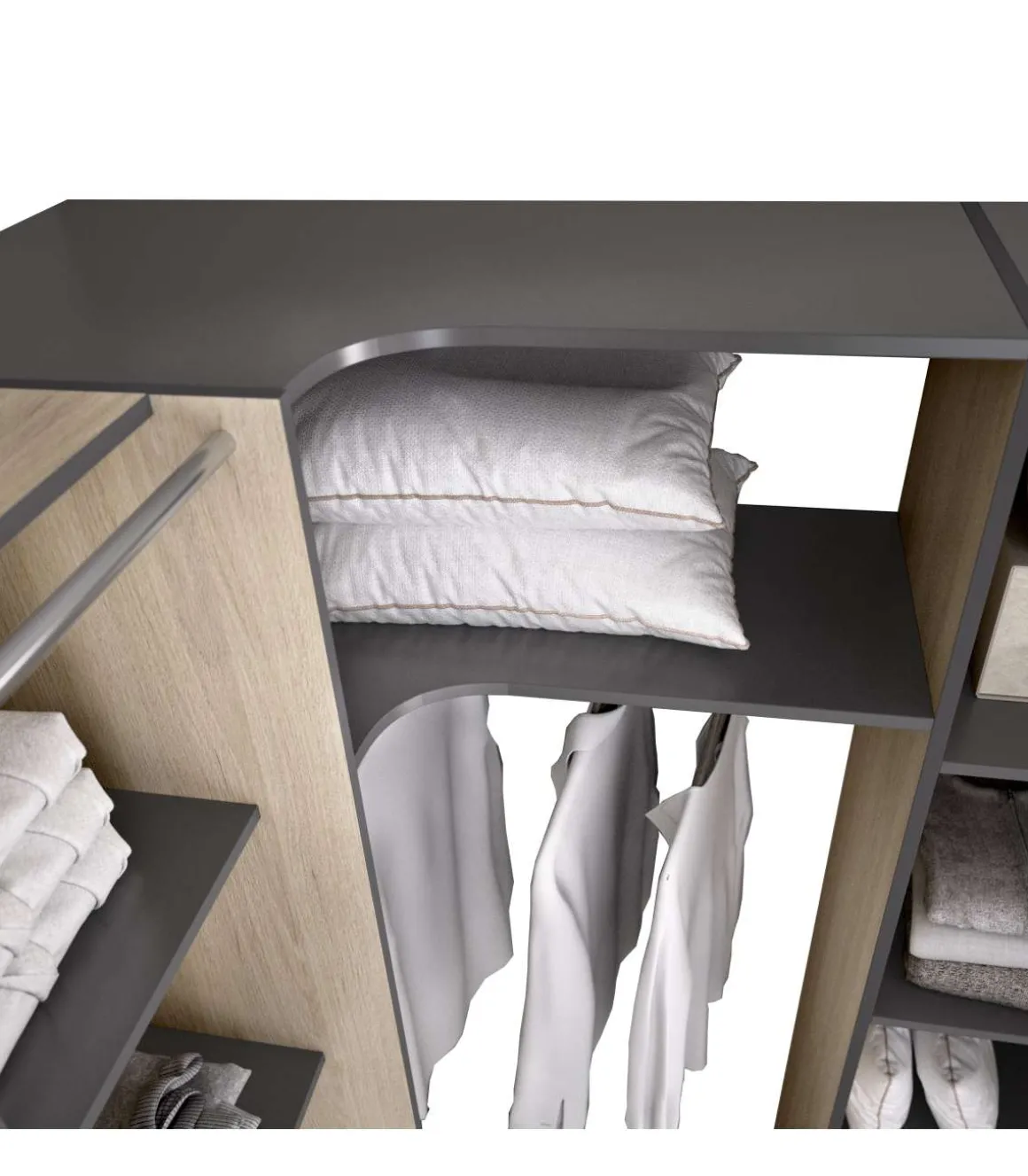Vestidor de rincón Siles con cortina y cajones acabado natural/grafito, 205cm(alto) 234cm(ancho) 141cm(fondo)