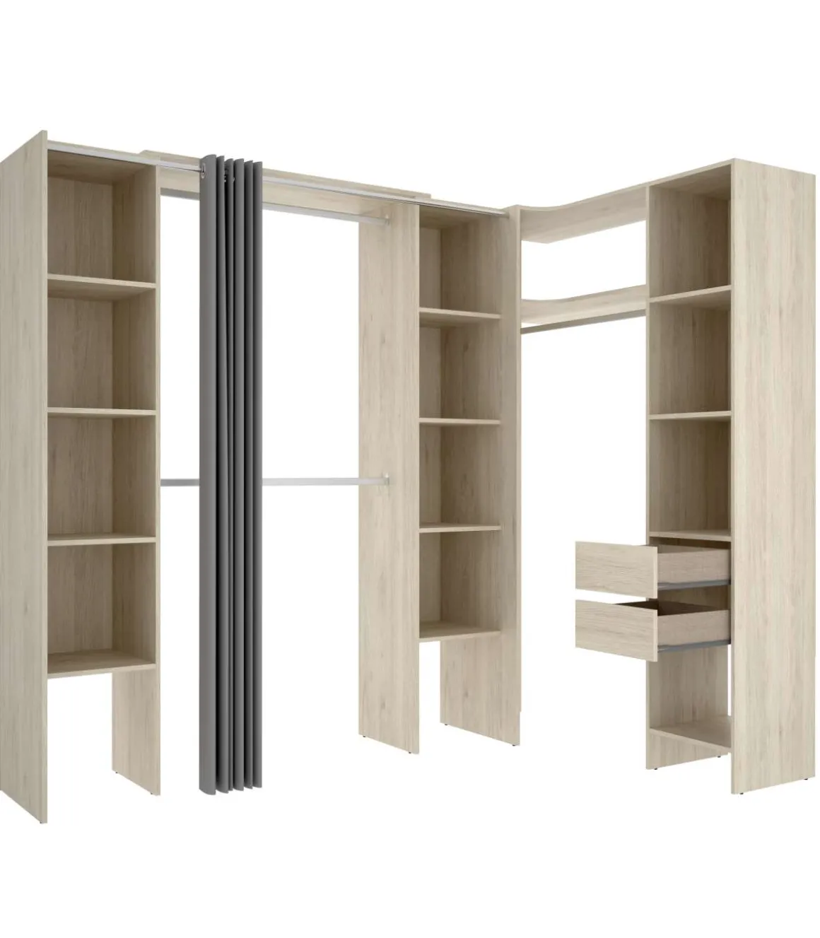 Vestidor de rincón Siles con cortina y cajones acabado natural, 205cm(alto) 234cm(ancho) 141cm(fondo)