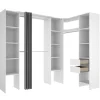 Vestidor de rincón Siles con cortina y cajones acabado blanco, 205cm(alto) 234cm(ancho) 141cm(fondo)