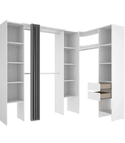 Vestidor de rincón Siles con cortina y cajones acabado blanco, 205cm(alto) 234cm(ancho) 141cm(fondo)