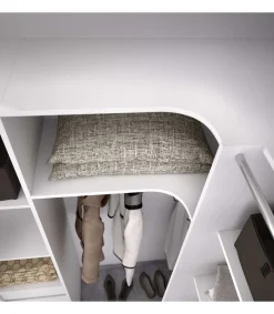Vestidor de rincón Siles con cortina y cajones acabado blanco, 205cm(alto) 234cm(ancho) 141cm(fondo)