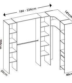 Vestidor de rincón Siles con cortina y cajones acabado blanco, 205cm(alto) 234cm(ancho) 141cm(fondo)