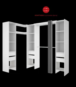 Vestidor de rincón Siles con cortina y 6 cajones acabado blanco, 205cm(alto) 234cm(ancho) 141cm(fondo)