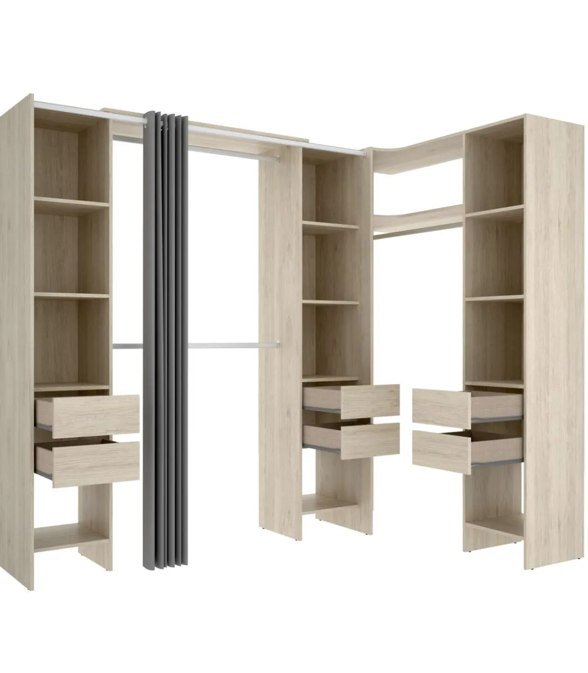 Vestidor de rincón Siles con cortina y 6 cajones acabado natural, 205cm(alto) 234cm(ancho) 141cm(fondo)