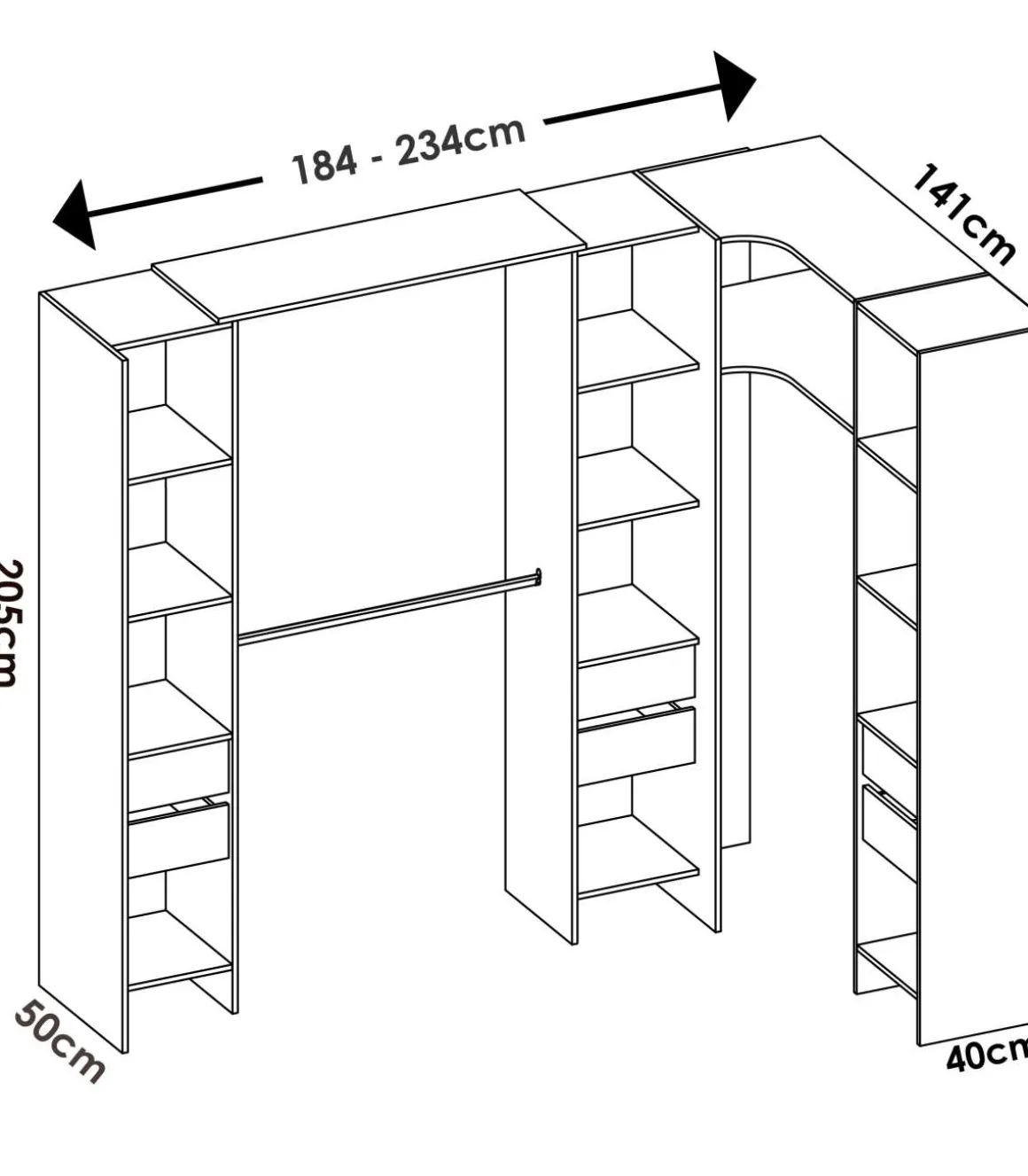 Vestidor de rincón Siles con cortina y 6 cajones acabado natural, 205cm(alto) 234cm(ancho) 141cm(fondo)