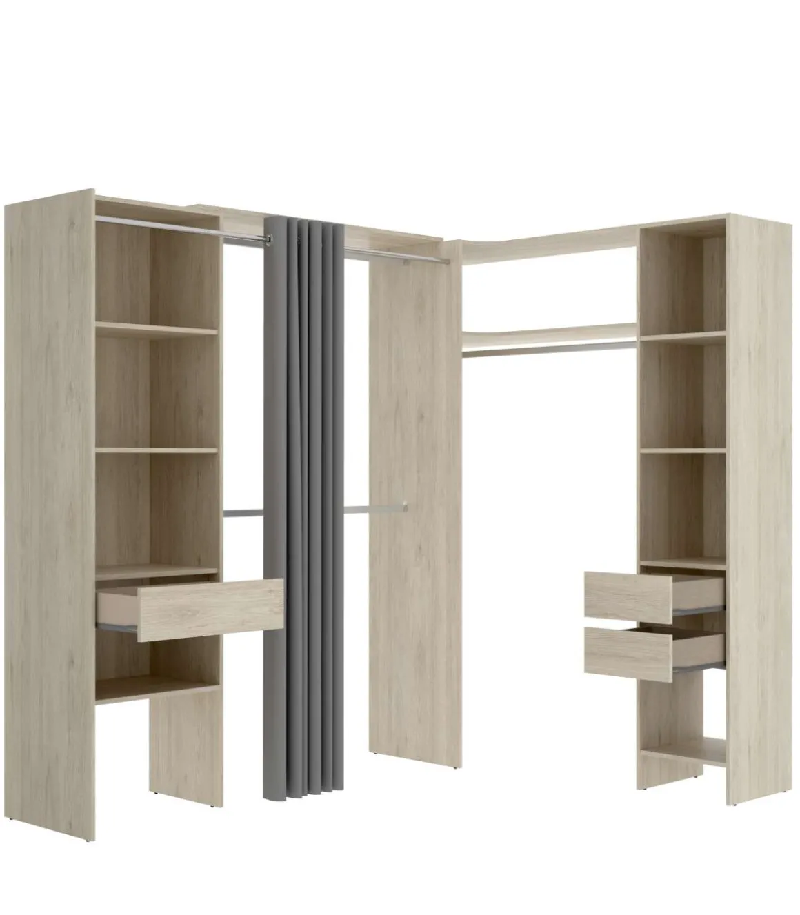 Vestidor de rincón Siles con cortina y cajones acabado natural, 205cm(alto) 214cm(ancho) 141cm(fondo)