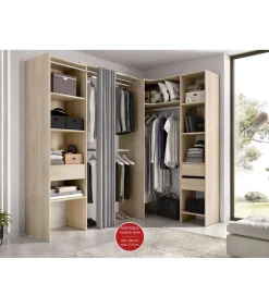 Vestidor de rincón Siles con cortina y cajones acabado natural, 205cm(alto) 214cm(ancho) 141cm(fondo)