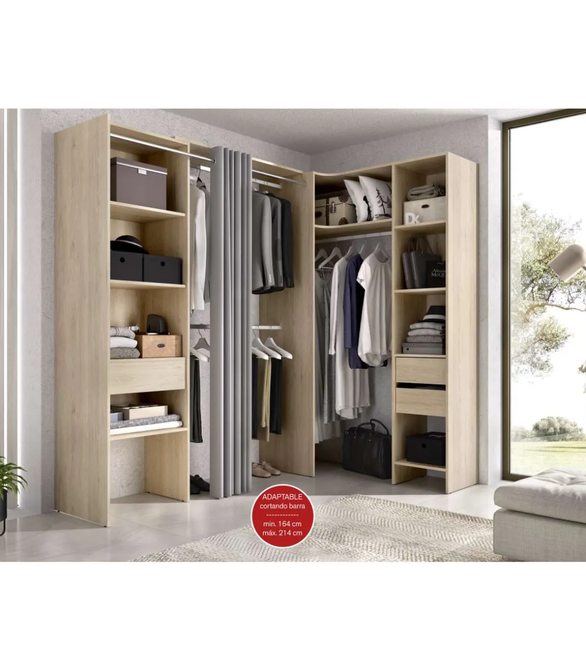 Vestidor de rincón Siles con cortina y cajones acabado natural, 205cm(alto) 214cm(ancho) 141cm(fondo)
