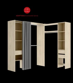 Vestidor de rincón Siles con cortina y cajones acabado natural, 205cm(alto) 214cm(ancho) 141cm(fondo)