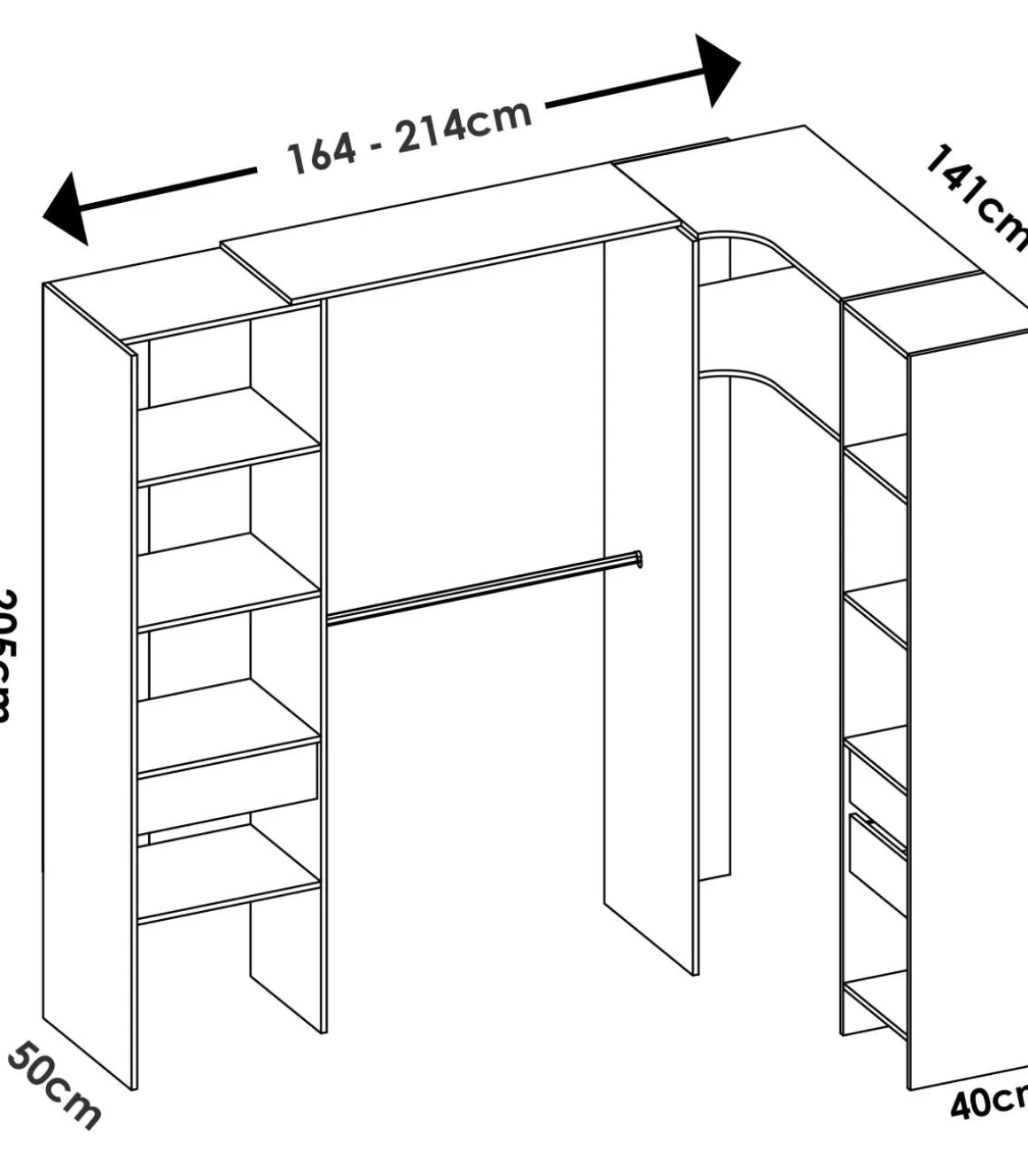 Vestidor de rincón Siles con cortina y cajones acabado natural, 205cm(alto) 214cm(ancho) 141cm(fondo)