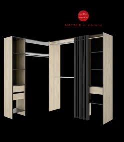 Vestidor de rincón Siles con cortina y cajones acabado natural/grafito, 205cm(alto) 214cm(ancho) 141cm(fondo)