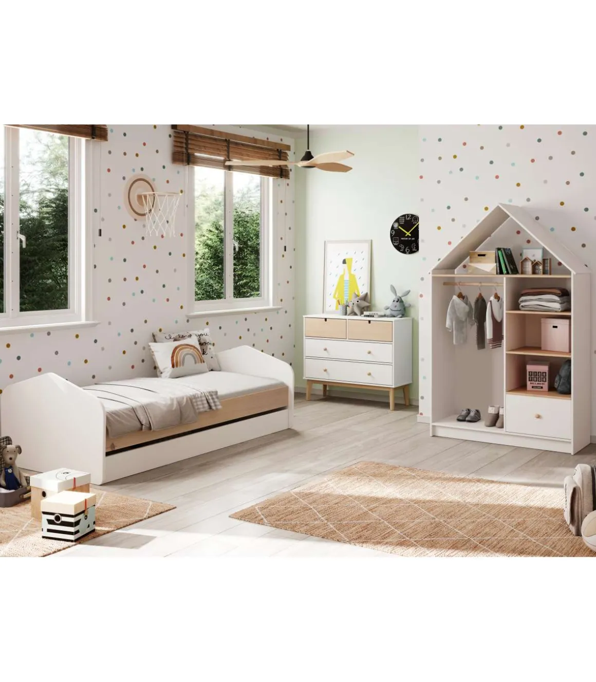 Vestidor juvenil tipo casita Estela 3 huecos y 1 cajón en blanco/cera blanca, 180cm(alto) 110cm(ancho) 45cm(fondo).
