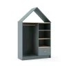 Vestidor juvenil tipo casita Estela 3 huecos y 1 cajón en verde kaki/cera blanca, 180cm(alto) 110cm(ancho) 45cm(fondo).
