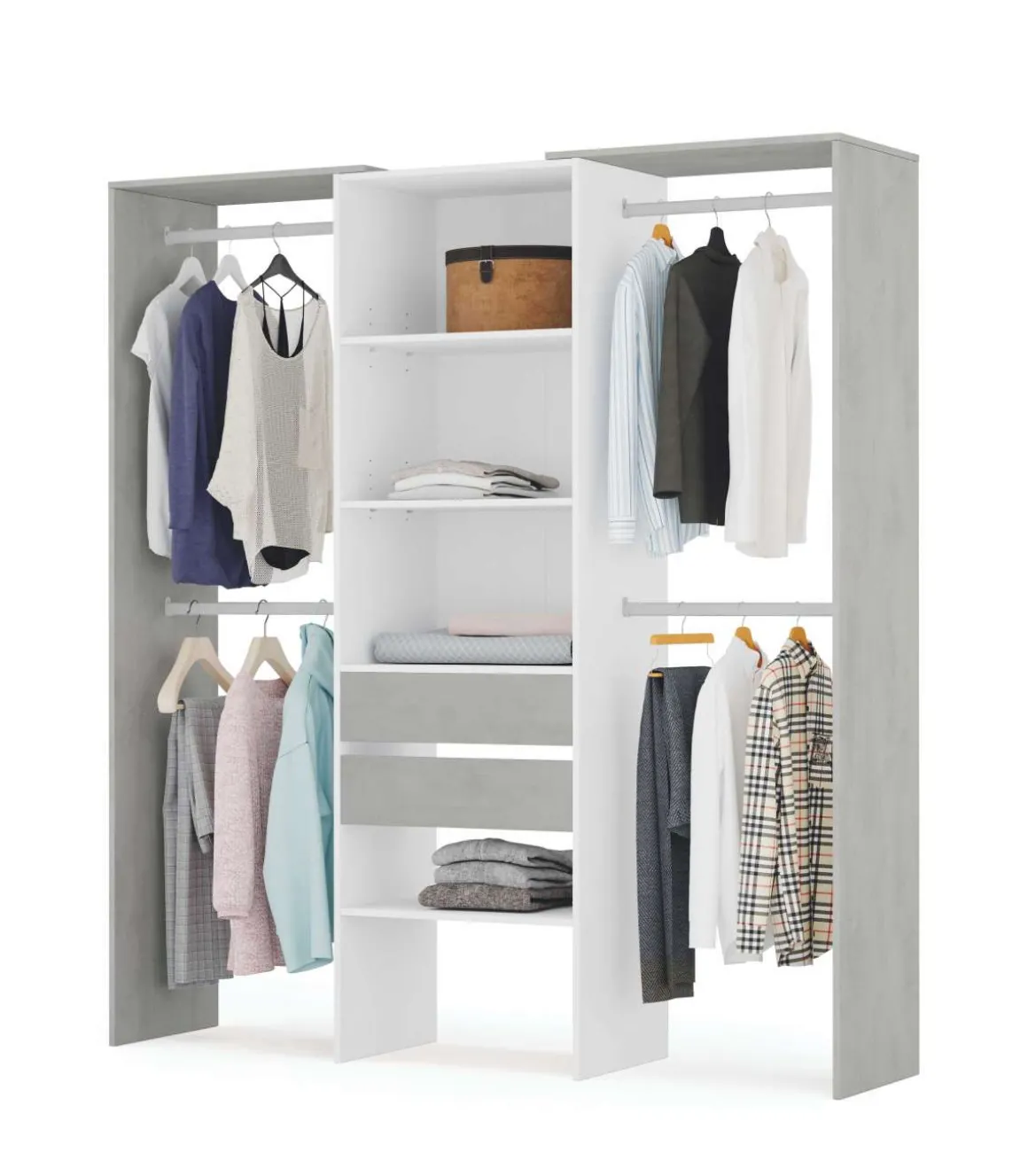 Vestidor para dormitorio con baldas y dos cajones acabado blanco artik/cemento, 202cm(alto) 179cm(ancho) 50cm(fondo)