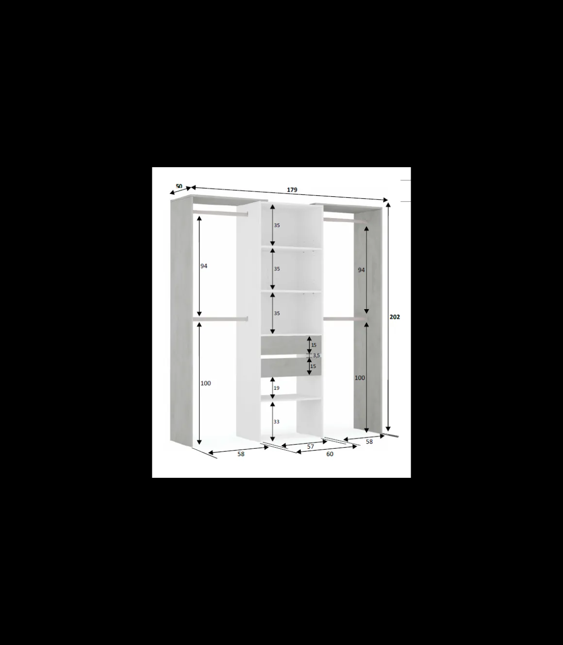 Vestidor para dormitorio con baldas y dos cajones acabado blanco artik/cemento, 202cm(alto) 179cm(ancho) 50cm(fondo)