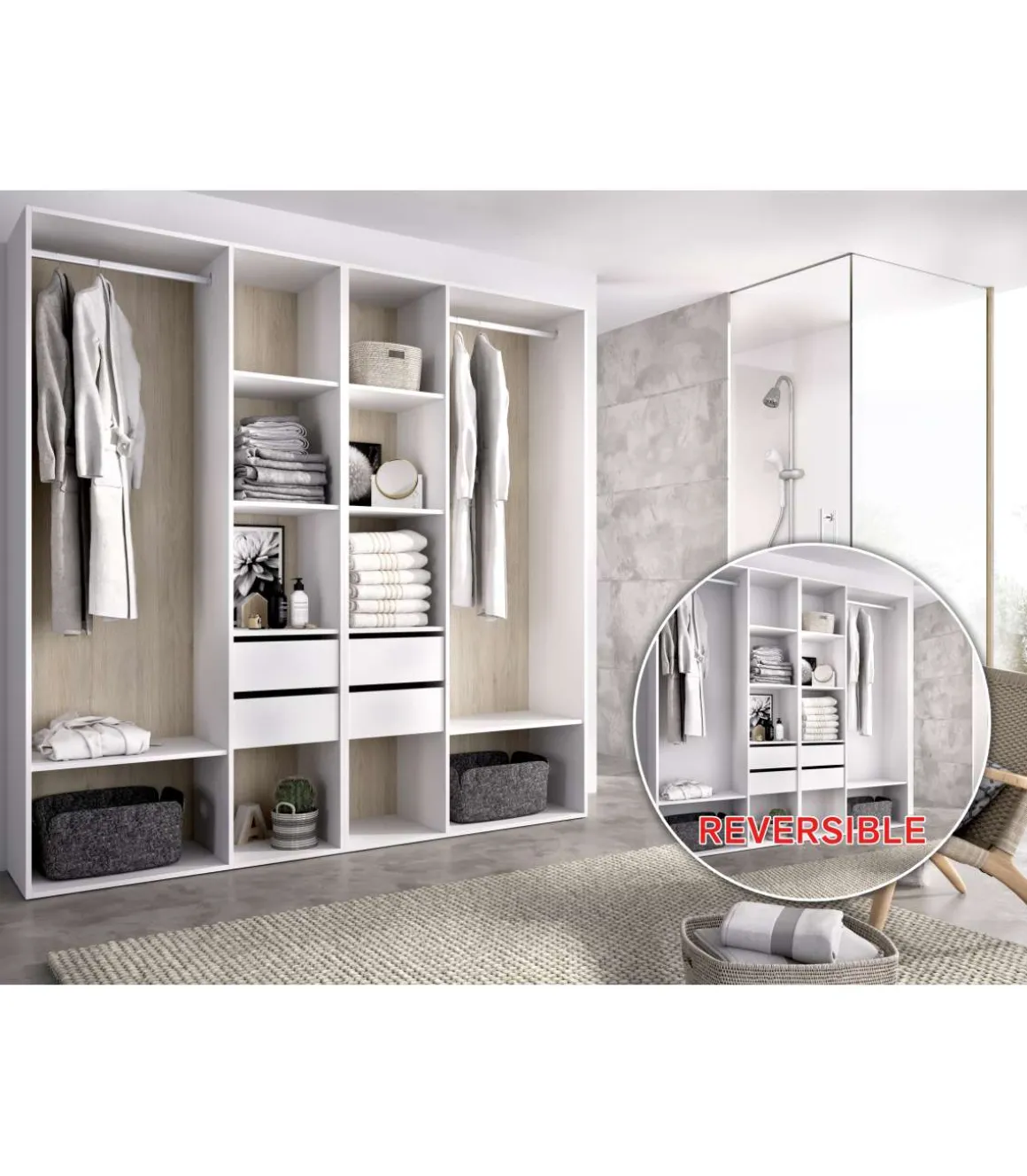 Vestidor Reus 4 cajones, 10 huecos y trasera reversible en blanco/natural, 205cm(alto) 196cm(ancho) 45cm(fondo)