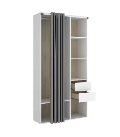 Vestidor Reus 2 cajones, trasera reversible y cortina en blanco/natural, 205cm(alto) 98cm(ancho) 45cm(fondo)