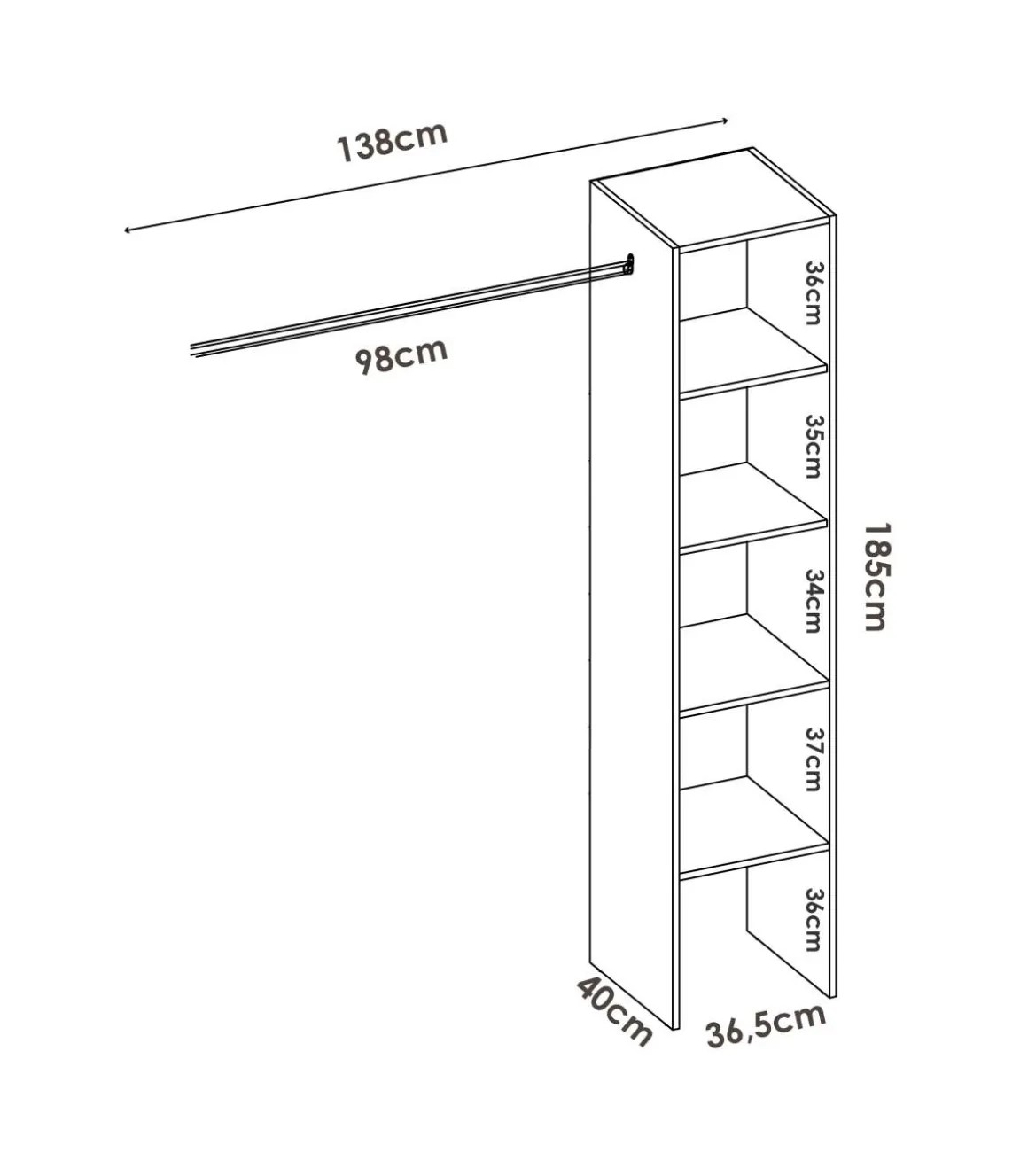 Vestidor Reus con estantes y barra de colgar en blanco, 185cm(alto) 138cm(ancho) 40cm(fondo)