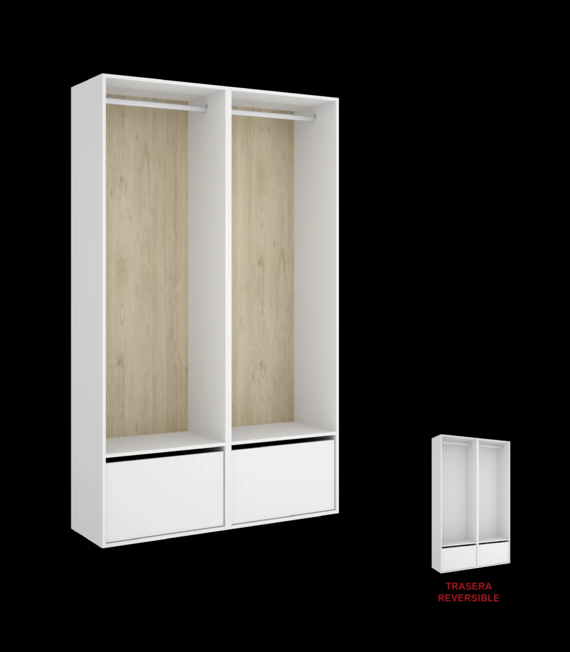 Vestidor Reus 2 zapateros, trasera reversible en blanco/natural, 205cm(alto) 120cm(ancho) 45cm(fondo)