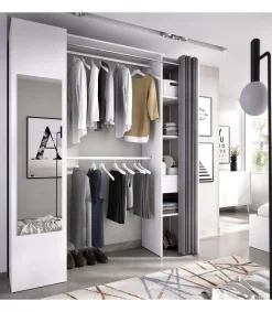 Vestidor Rus I con columna cerrada espejo cortina y baldas en blanco 205 cm(alto)177,4 cm(ancho)52 cm(fondo)