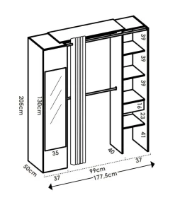Vestidor Rus I con columna cerrada espejo cortina y baldas en blanco 205 cm(alto)177,4 cm(ancho)52 cm(fondo)