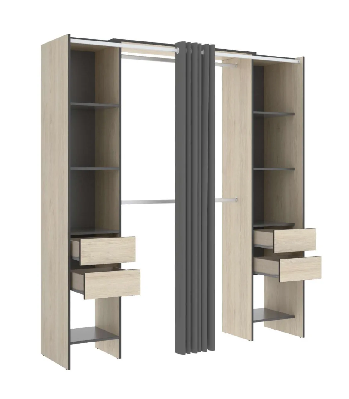 Vestidor Siles con cortina y baldas acabado natural/grafito 203 cm(alto)180 cm(ancho)50 cm(fondo)