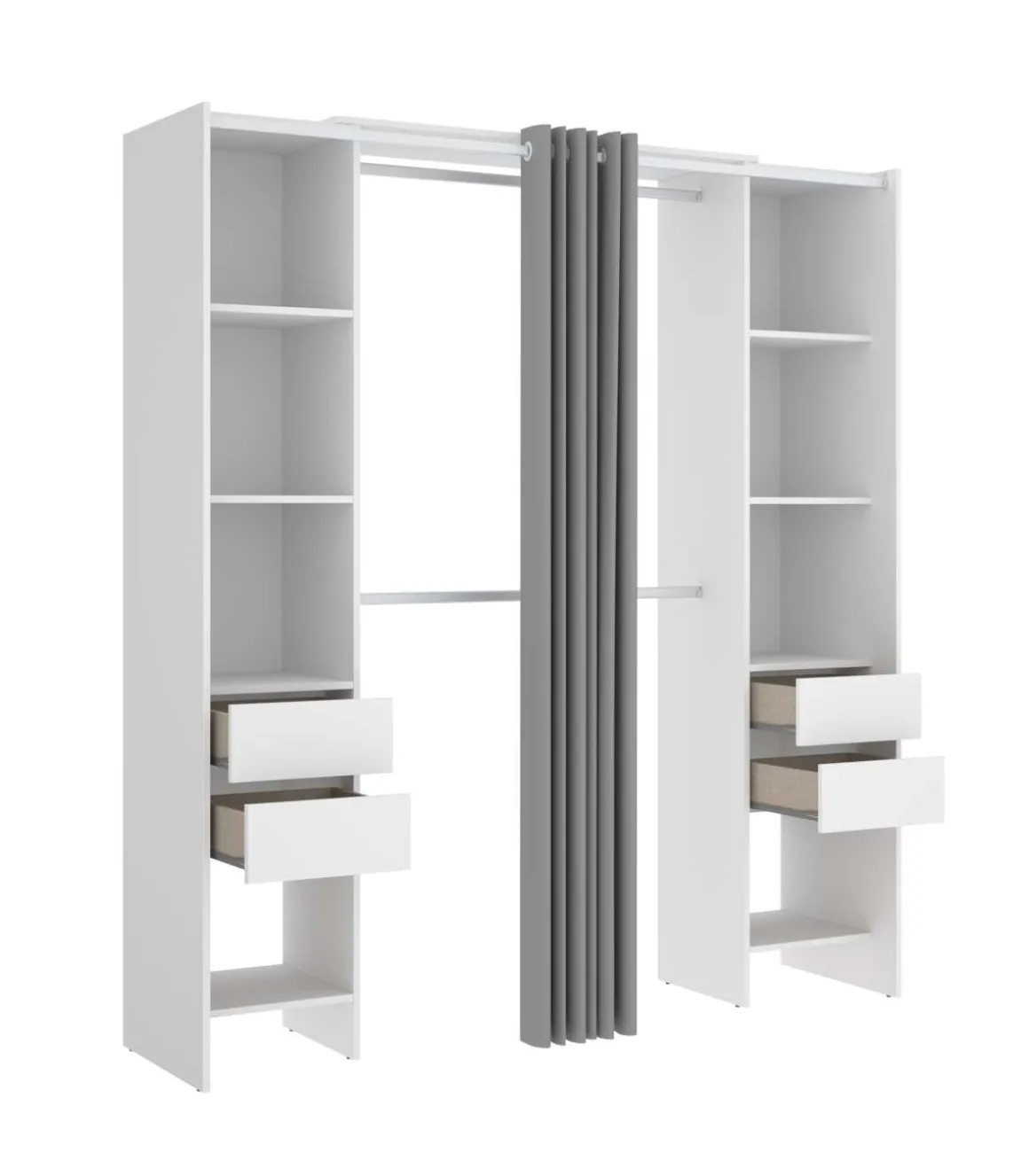 Vestidor Siles con cortina y cajones en acabado blanco, 203 cm(alto)180 cm(ancho)50 cm(fondo)