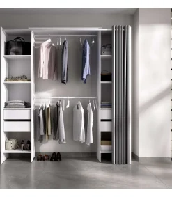 Vestidor Siles con cortina y cajones en acabado blanco, 203 cm(alto)180 cm(ancho)50 cm(fondo)