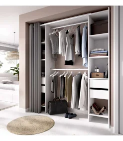 Vestidor Siles con cortina y cajones en acabado blanco, 203 cm(alto)180 cm(ancho)50 cm(fondo)