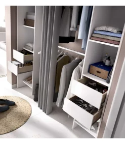 Vestidor Siles con cortina y cajones en acabado blanco, 203 cm(alto)180 cm(ancho)50 cm(fondo)